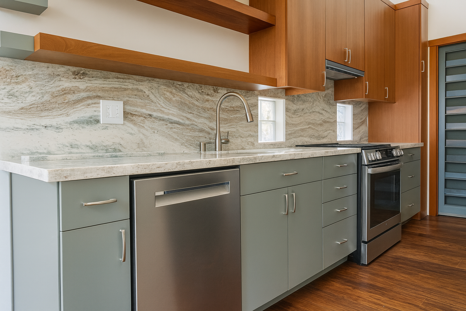 Modern kitchen inside a garage conversion ADU by CRS Builders in San Diego