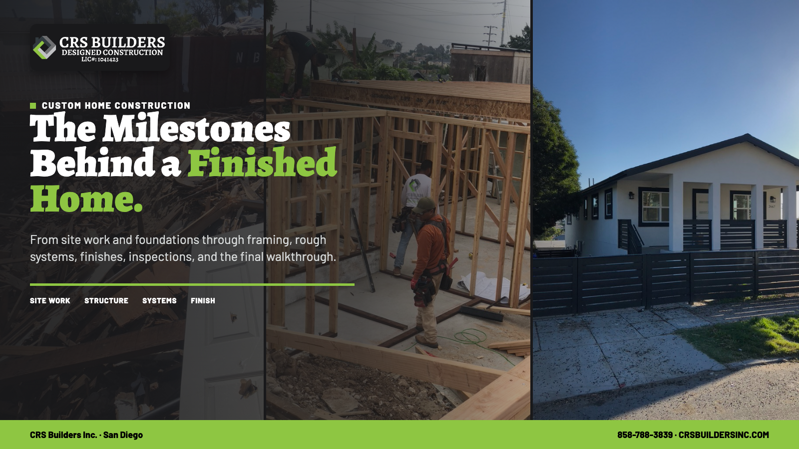 CRS Builders custom-home construction milestones graphic using real San Diego demolition, framing, and completed-home photography.